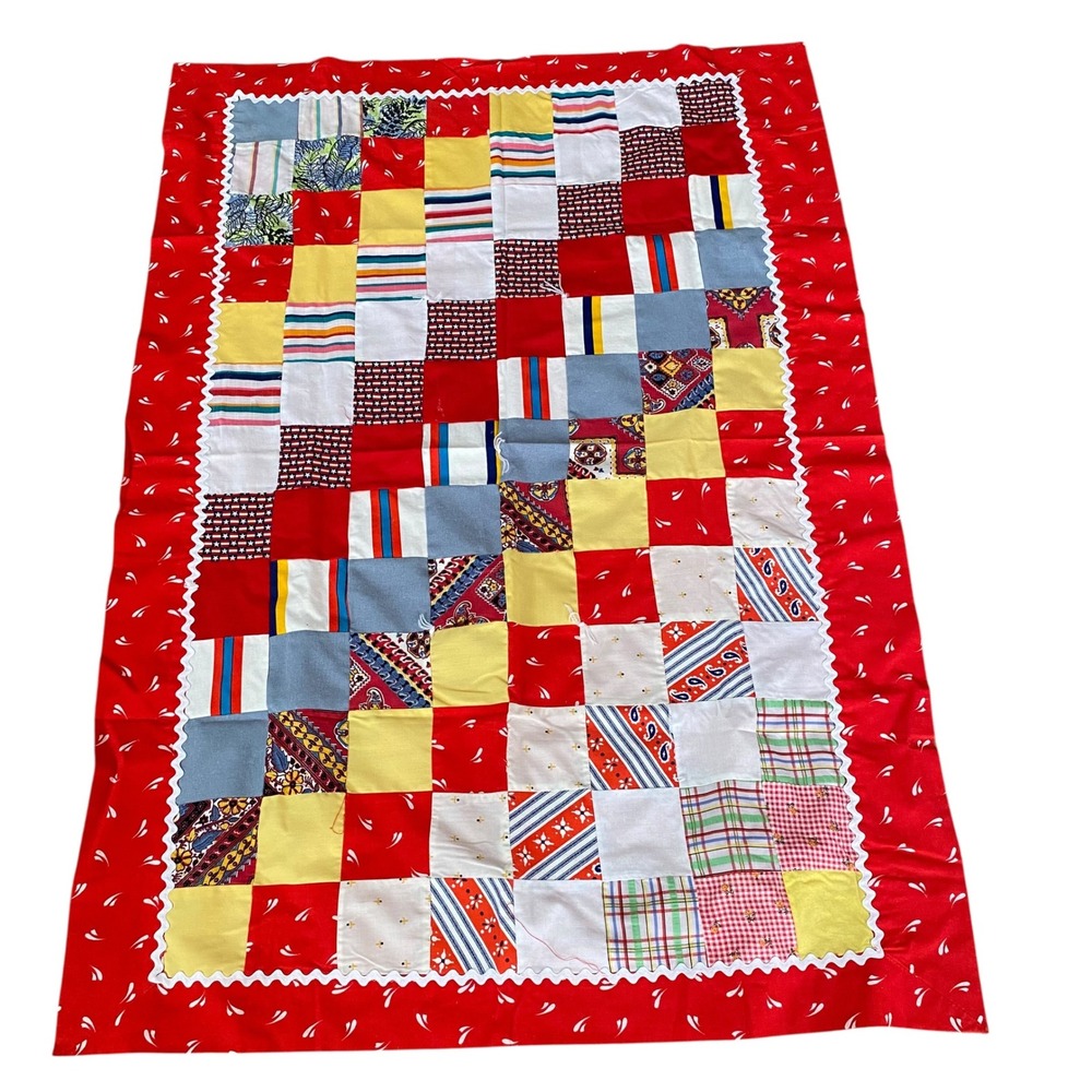 Vtg Handmade Patchwork Quilt Topper Red Ric-Rac Trim Farmhouse Decor No Stuffing